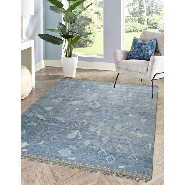 8x10 Blue Hand-Knotted Wool Floating Geometrics Geometric Modern Carpet Rug For Sale In New York - Image 6 of 6