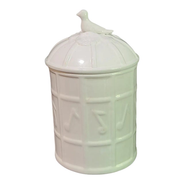 Vintage White Porcelain Canister Cookie Jar Music Notes Bird Flower Covered Top For Sale
