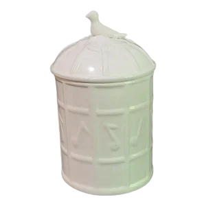 Vintage White Porcelain Canister Cookie Jar Music Notes Bird Flower Covered Top