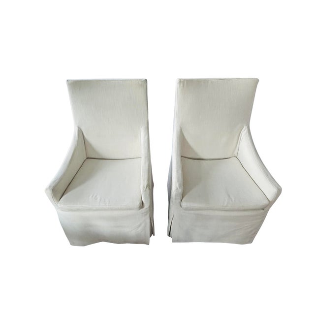 Pair Restoration Hardware Belgian Slipcovered Slope Arm Dining Armchair – Luxury Skirted Host Chair For Sale - Image 9 of 12