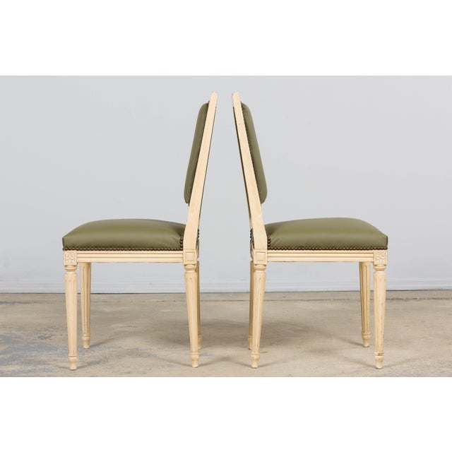 Antique French Louis XVI Style Painted Dining Chairs in Olive Green Leather - Set of 8 For Sale - Image 14 of 18