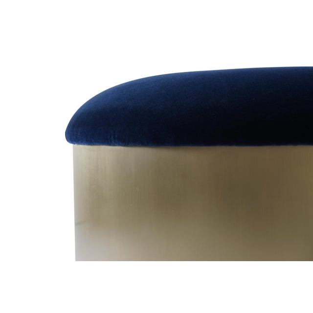 Mid-Century Modern Brushed Brass “Mushroom” Pouf Ottoman in Navy Velvet by Montage For Sale - Image 3 of 6