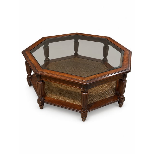 English Vintage Hexagonal Wood, Smoked Glass and Cane Coffee Table For Sale - Image 3 of 10