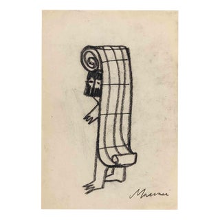 Mino Maccari, The Music Man, Charcoal Drawing, 1960s For Sale