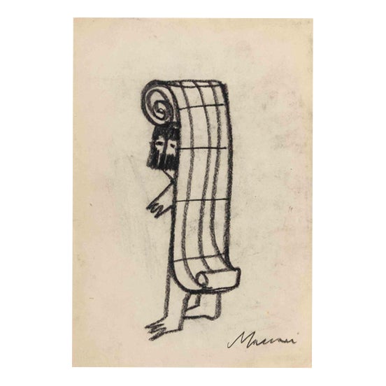 Mino Maccari, The Music Man, Charcoal Drawing, 1960s For Sale