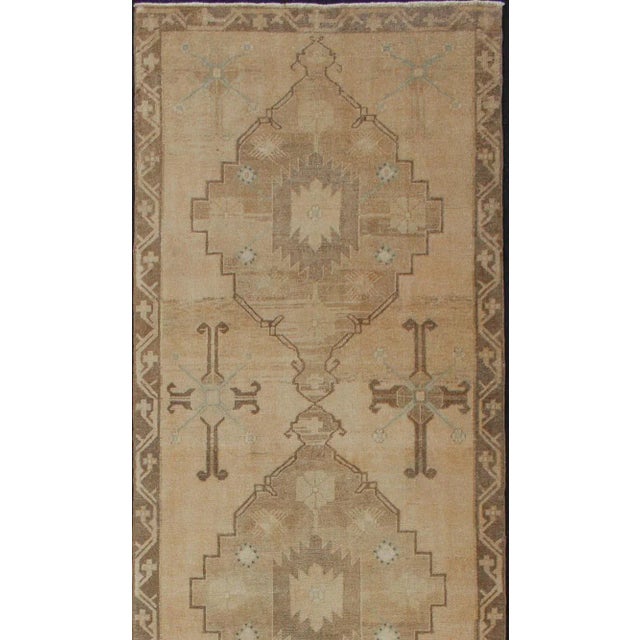 Vintage Turkish Oushak Runner Neutral and Warm Colors With Tribal Medallions For Sale - Image 4 of 13