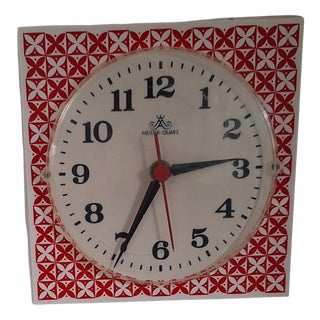 Vintage German Wall Clock in White Plastic with Red Decor by Meister, 1970s For Sale