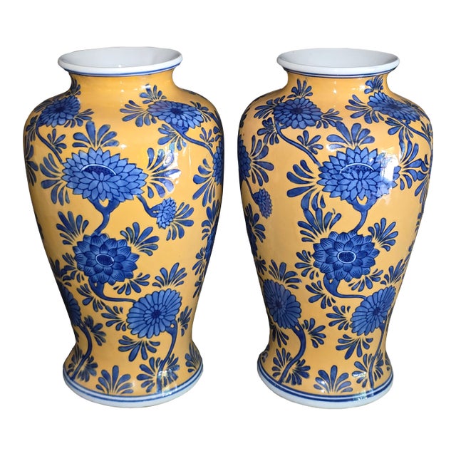 Vintage Chinese Yellow Ground & Cobalt Blue Chrysanthemum Baluster Vases - A Pair For Sale