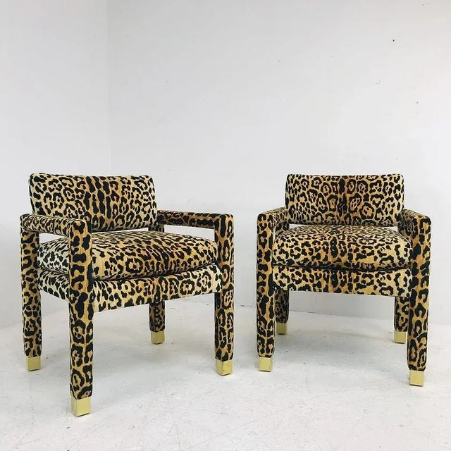 Custom stylish Parsons Style armchair in the style of Milo Baughman. Newly upholstered in a fun-sophisticated leopard...
