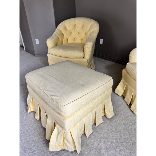 Baker Furniture Company Late 20th Century Pair of Yellow Tufted Barrel Chairs With a Matching Ottoman For Sale - Image 4 of 5