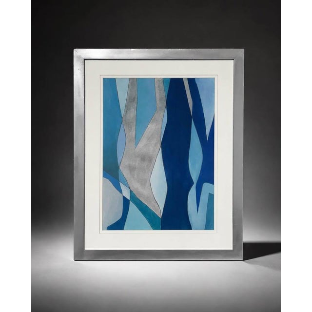 Abstract Modern Blue and Metallic Silver Abstract Wall Art For Sale - Image 3 of 4