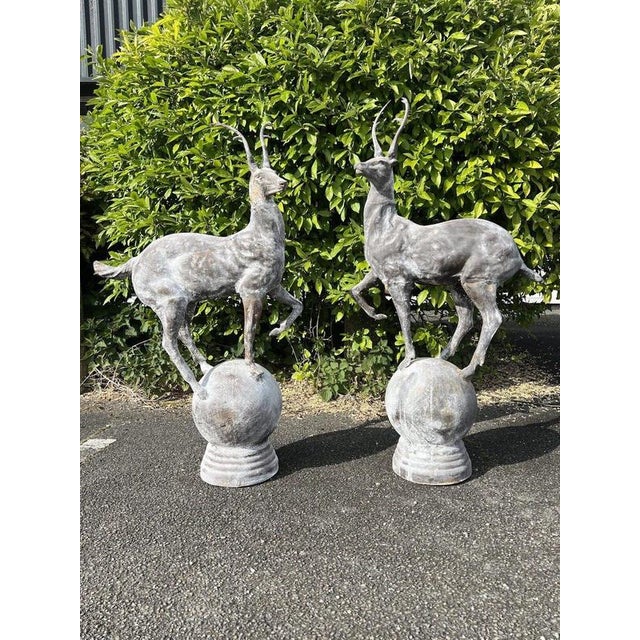 Cast Iron Stag Deer on Ball Garden Finial Sculptures, Set of 2 For Sale - Image 11 of 12