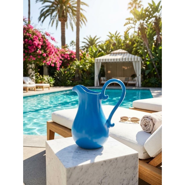 Farmhouse Vintage Farmhouse Portuguese Glazed Terracotta Ewer Blue Pitcher For Sale - Image 3 of 9
