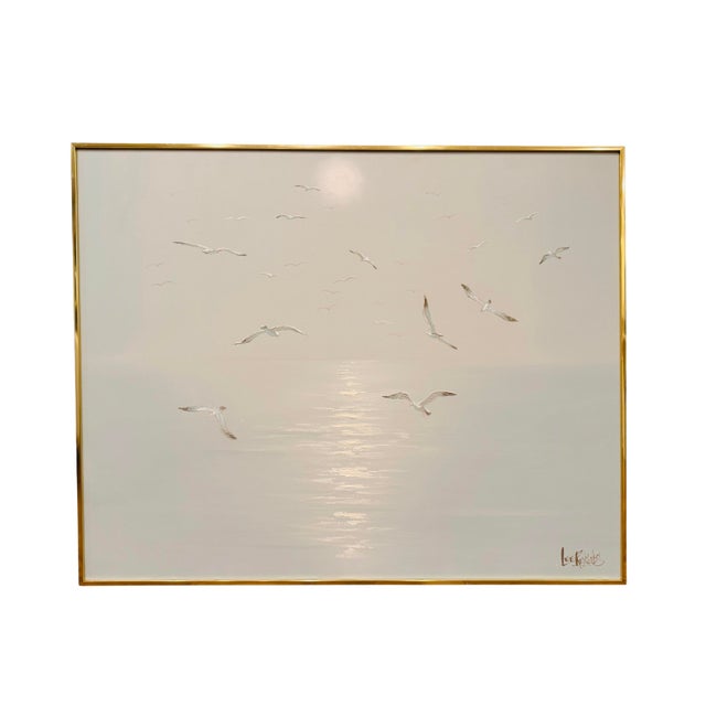 Vintage Lee Reynolds Vanguard Studios Seascape Oil Painting – Mid-Century Modern Coastal Seagulls Over Water, Large Framed...