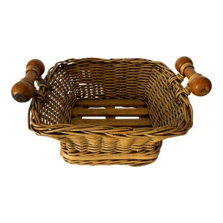 Vintage Basket With Wooden Handles and Slat Bottom For Sale