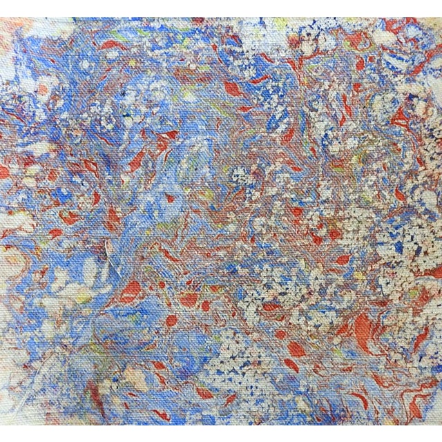 Small late 20th century oil on canvas sample of marbling painting. One side warm yellow, light reddish and blue with the...