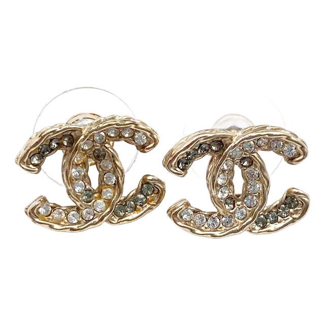 Chanel Gold Twisted CC Silver Grey Crystal Piercing Earrings, A Pair For Sale