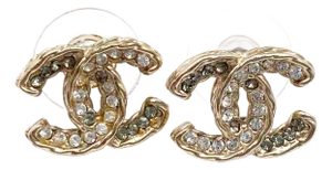 Chanel Gold Twisted CC Silver Grey Crystal Piercing Earrings, A Pair