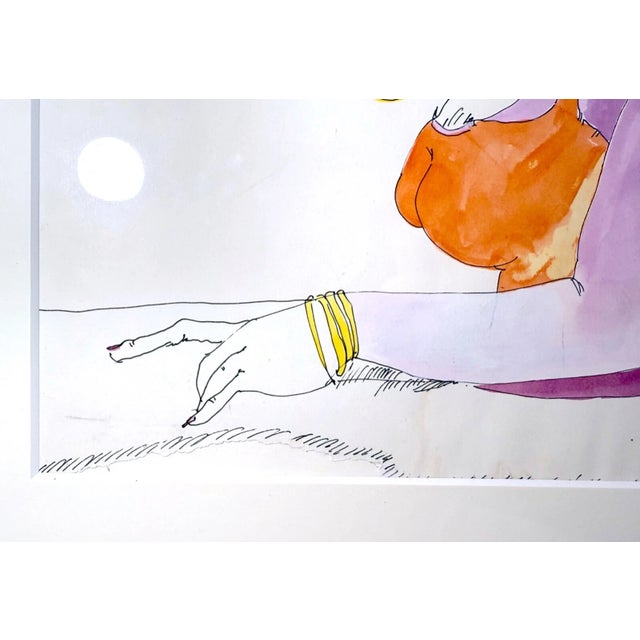 Vintage French Whimsical Elder Lady With Hat Mixed Media Drawing Sketch Art For Sale - Image 10 of 15