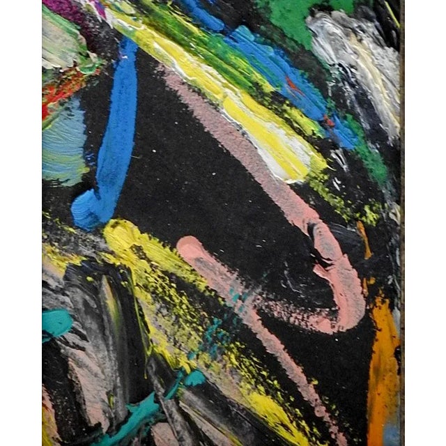 Small late 20th century acrylic on paper abstract painting in pink, yellow and black. Unsigned. Displayed in dark silver...