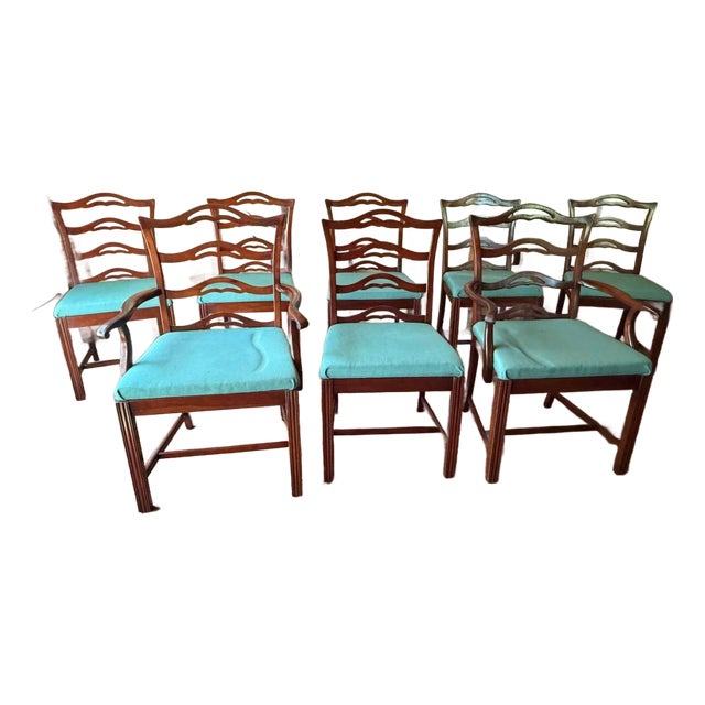 Vintage Georgian Chippendale Style Bowl Back High Ladder Back Dining Chairs. Set of 8 For Sale