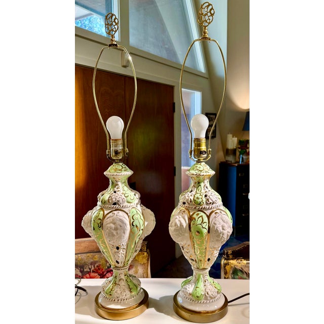 Metal Vintage Capodimonte Italian Porcelain Table Lamps Mid Century 1960s Model 301 Hollywood Regency Relief Urn - a Pair For Sale - Image 7 of 11
