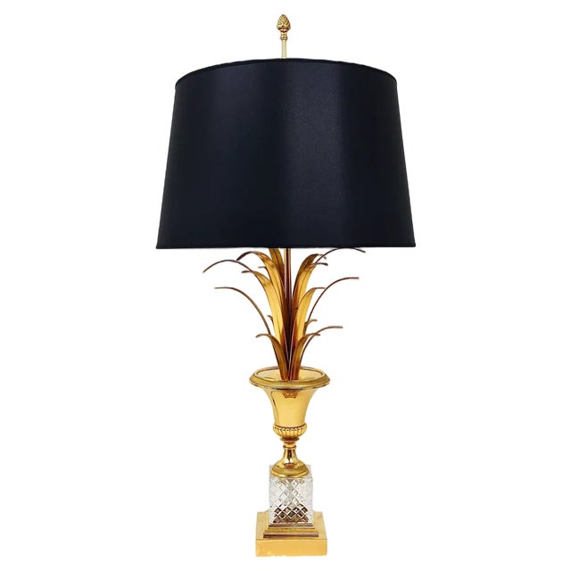 Hollywood Regency Gilt Brass and Glass Pineapple Leaf Table Lamp by Maison Charles, France, 1970s For Sale