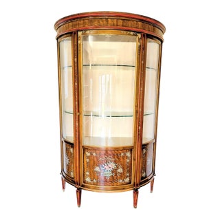French Style "Etagere" With a Demilune Shape, Hand Painted Floral Marquetry and Lit Back Drop. For Sale