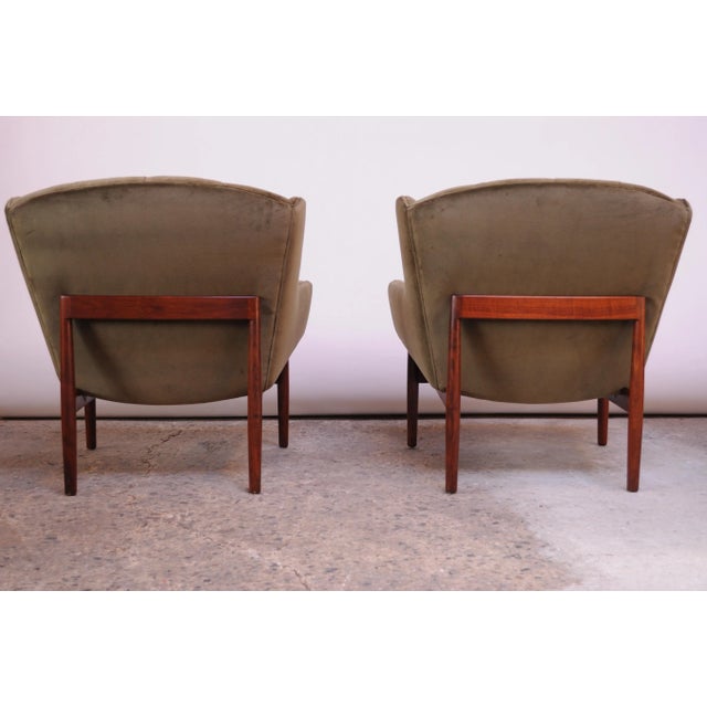 Jens Risom Model 2137 Walnut "Floating" Lounge Chairs in Olive Velvet- a Pair For Sale - Image 12 of 13