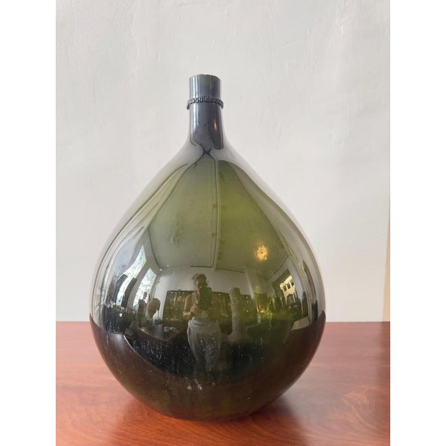 Industrial Antique French Green Free Blown Glass Demijohn Bottle, 1800s For Sale - Image 3 of 12
