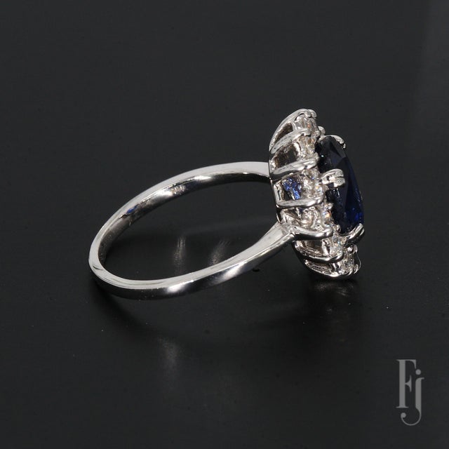 14k White Gold "Princess Diana" Diamond Halo Ring With Blue Sapphire - Size 5 For Sale In Phoenix - Image 6 of 6
