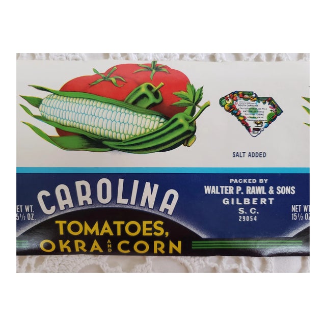 1940s Carolina Tomatoes Okra & Corn Can Label From Gilbert, South Carolina For Sale