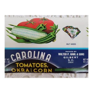 1940s Carolina Tomatoes Okra & Corn Can Label From Gilbert, South Carolina