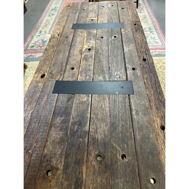 1980s Industrial Rectangular Salvage Wood & Black Iron Table or Desk For Sale - Image 5 of 14