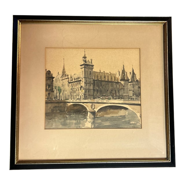 1950’s Original Impressionist Paris Cityscape Watercolor Painting For Sale