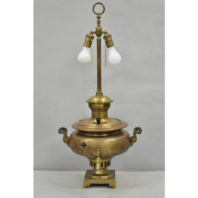 Antique Victorian Brass Samovar Converted Twin Handle Table Lamp For Sale - Image 12 of 14