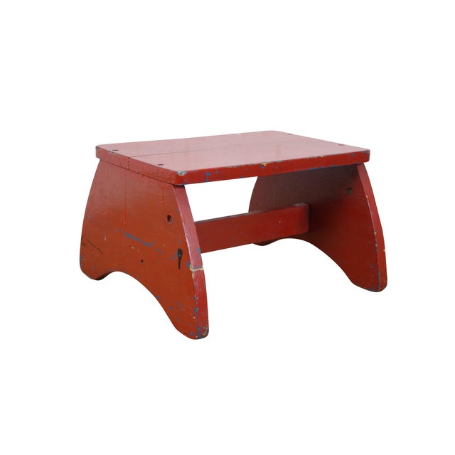 Vintage primitive folk art style wooden step seat / bench / footstool - arched sides and rectangular top, painted red over...