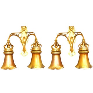Large Jugendstil Art Nouveau Two-Light Sconces With Large Steuben Aurene Shades - a Pair For Sale