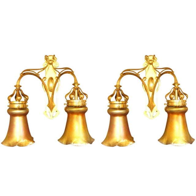 Large Jugendstil Art Nouveau Two-Light Sconces With Large Steuben Aurene Shades - a Pair For Sale