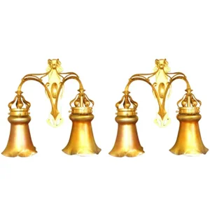 Large Jugendstil Art Nouveau Two-Light Sconces With Large Steuben Aurene Shades - a Pair