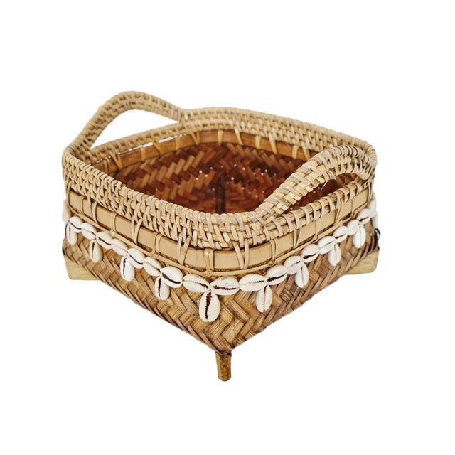 Tan Vintage Coastal Bamboo & Cowry Basket Small For Sale - Image 8 of 8