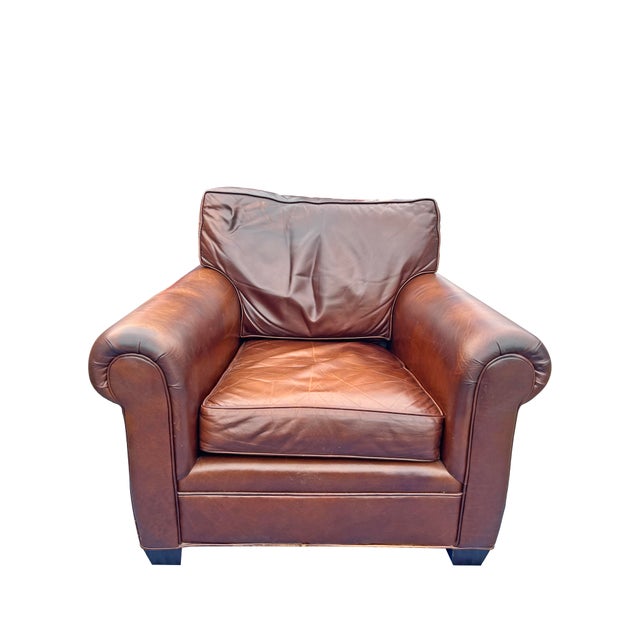 2000 - 2009 Vintage Restoration Hardware Style Leather Chair and Ottoman Set For Sale - Image 5 of 9