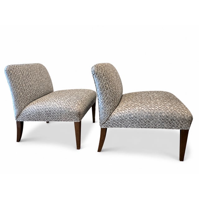 Elegant pair of custom slipper chairs in excellent condition, from a smoke-free home. These were designed by our Interior...