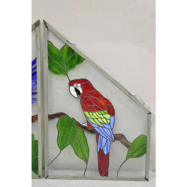 Vintage Leaded Stained Glass Red and Blue Parrot Bird Window Suncatcher - A Pair For Sale - Image 4 of 11