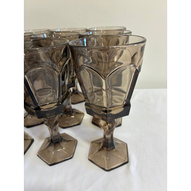 Fostoria Vintage Fostoria Smoke Glass Goblets, Octagonal Paneled Design - Set of 12 For Sale - Image 4 of 9