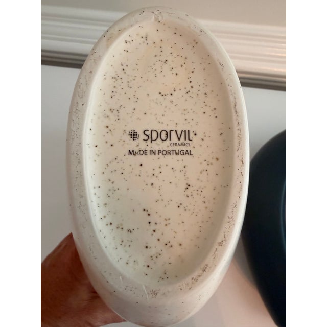 Contemporary Pair of Portuguese Modernist Sculptural Donut Vases by Sporvil Ceramics | Blue & Speckled White For Sale - Image 3 of 8