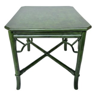 Vintage Mid Century Rattan Side Table With Deep Verdant Lacquer Finish - Newly Painted For Sale
