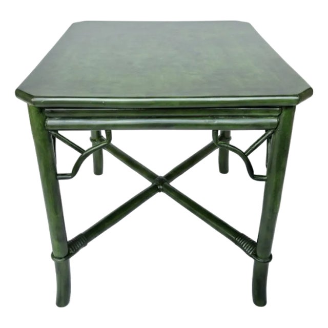 Vintage Mid Century Rattan Side Table With Deep Verdant Lacquer Finish - Newly Painted For Sale