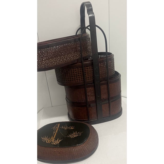 Chinese Vintage Chinese 4-Tier Wicker and Cane Wedding Basket For Sale - Image 3 of 6