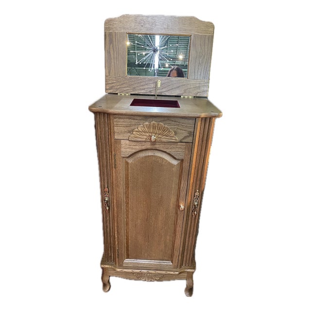 Late 20th Century Art Deco Revival Oak Jewelry Box With Lift-Top Mirror For Sale